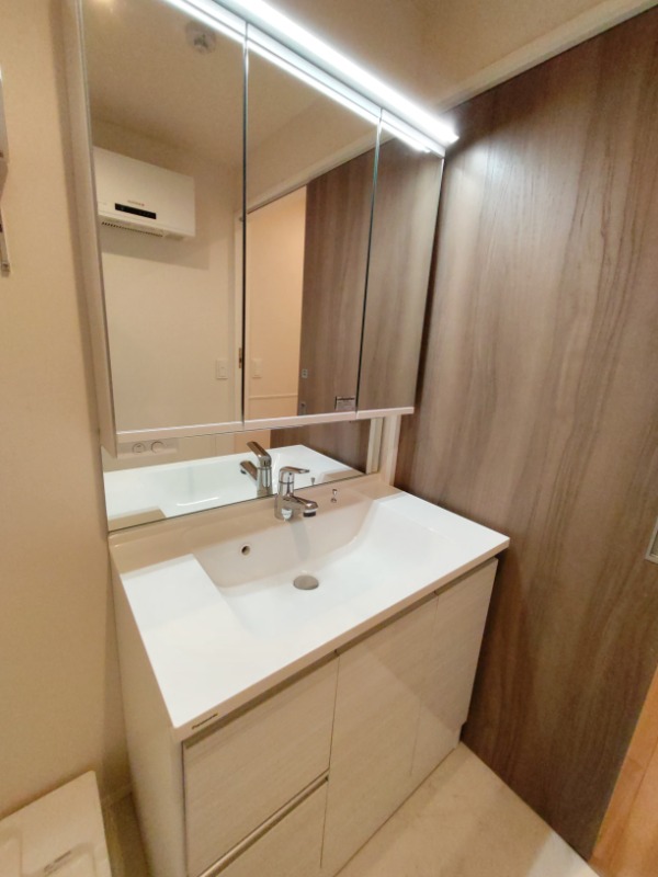 洗面設備　鏡裏の収納がうれしい独立洗面台