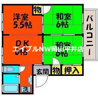 岡山市中区国富のアパートの間取り