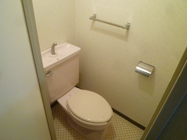 トイレ　トイレに手洗いとタオル掛けがありますよ