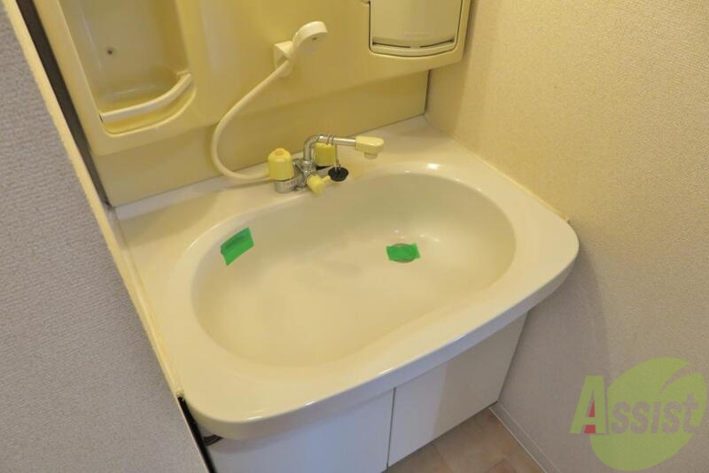 洗面設備　シャワー付きの洗面台で朝の準備も楽々。色々小物も置けそうです