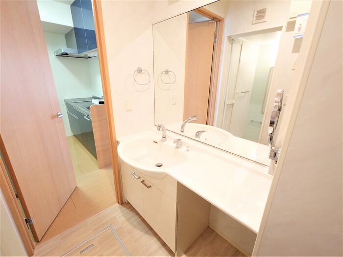 洗面設備　忙しい朝に便利なシャワー付き洗面台完備。