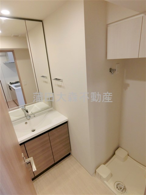 洗面設備　2面鏡の独立洗面台　吊戸棚収納付きの洗濯機置き場