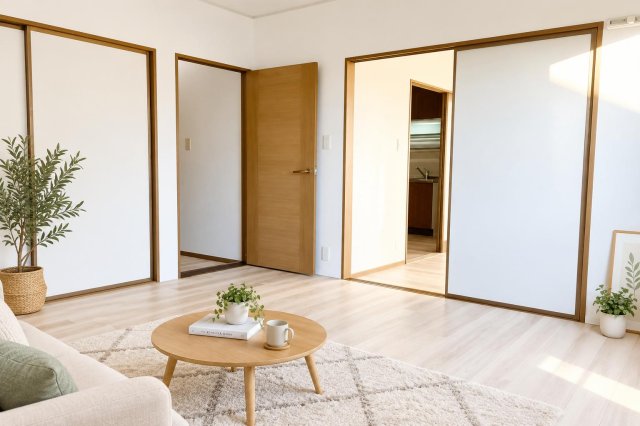 居室・リビング　キッチンから居室への動線もゆったり。開放感のある空間！
