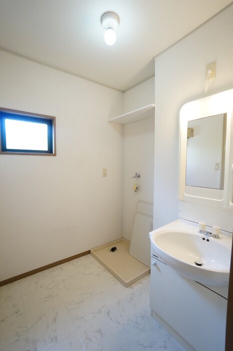 洗面設備　シャワー付き洗面台と洗濯機置き場の上には収納棚