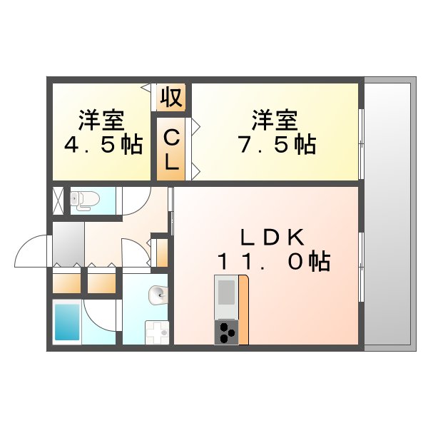 福山市神辺町大字川南のアパートの間取り