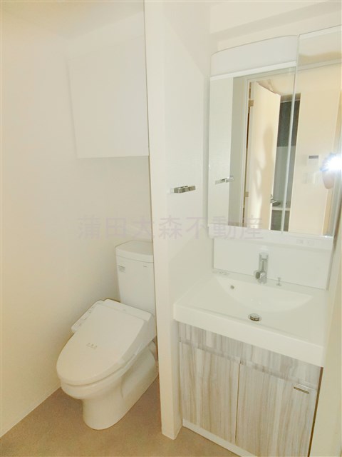 洗面設備　洗面脱衣所　2面鏡の独立洗面台　洗濯機置き場