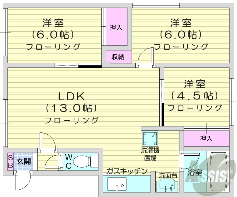 札幌市北区新琴似六条のアパートの間取り