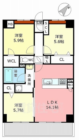 福岡市博多区東雲町のマンションの間取り