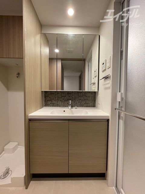 洗面設備　収納スペース多めの独立洗面台になります。