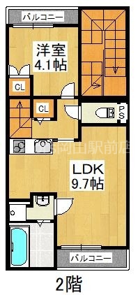 岡山市北区横井上のアパートの間取り