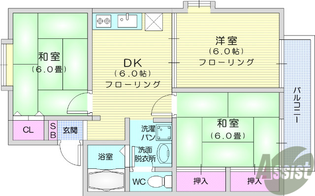 仙台市若林区沖野のアパートの間取り