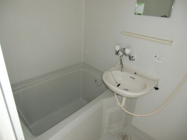 バス・シャワールーム　鏡と洗面台のあるお風呂。