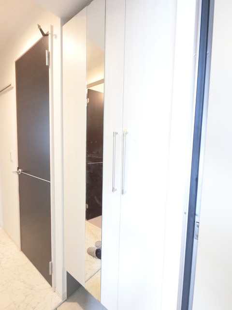 玄関　広めのＢｏｘは収納力ばっちり。トールタイプのミラーついてます