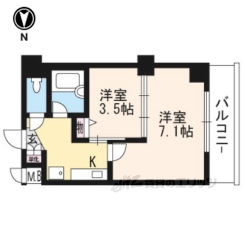 【京都市北区衣笠東開キ町のマンションの間取り】