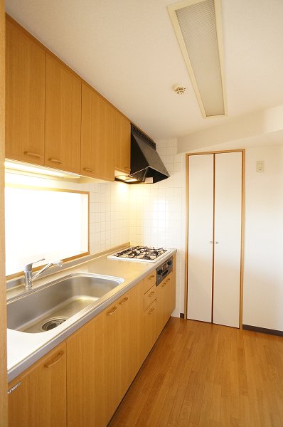 キッチン　キッチンには3口コンロ、グリル付♪奥には収納も有ります！