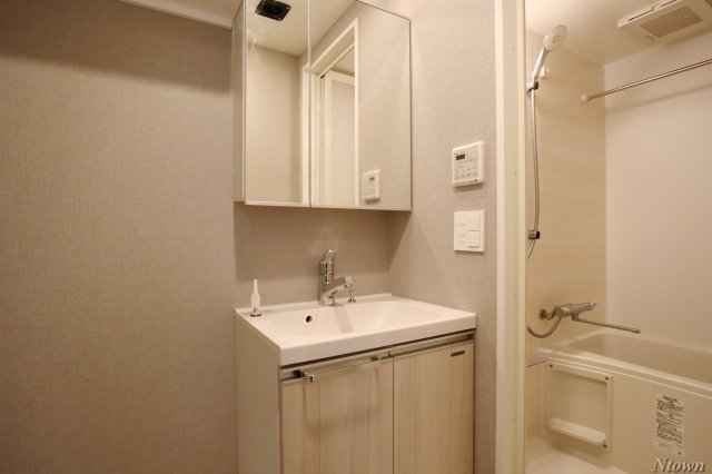 洗面設備　独立洗面台、小物を置くことができて便利です