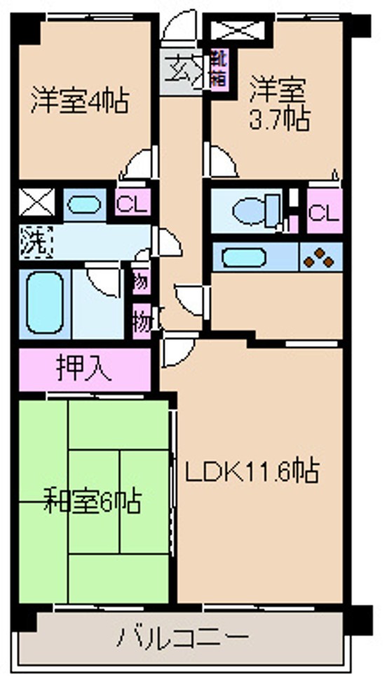 東急東横線 元住吉駅 徒歩15分 5階建 築38年の間取り写真