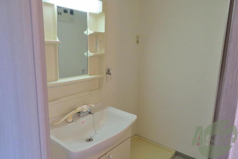 洗面設備　脱衣所内の洗面化粧台、奥には洗濯機置き場があります