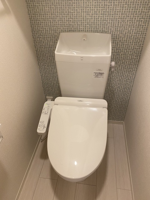 トイレ　シャワートイレ完備。収納棚あります