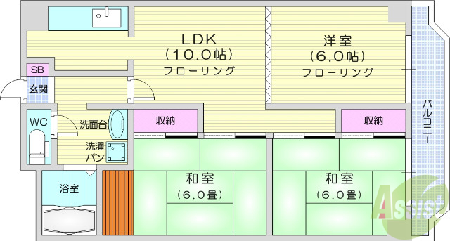 仙台市宮城野区小田原のマンションの間取り