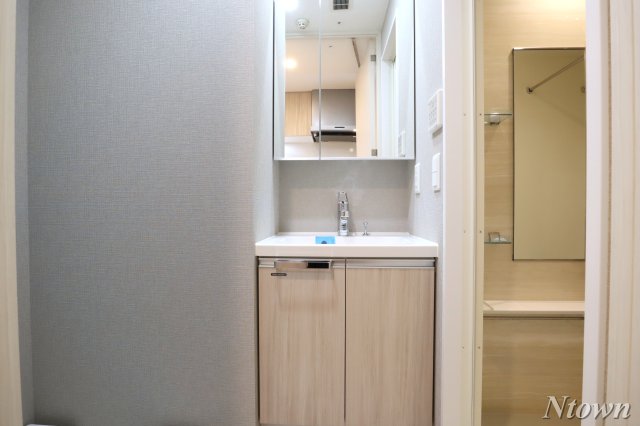 洗面設備　独立洗面台、小物を置くことができて便利です