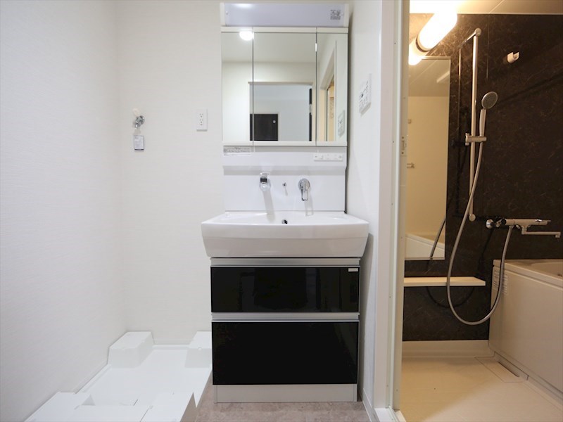 洗面設備　脱衣所　独立洗面台（シャンプードレッサー付）収納スペース有