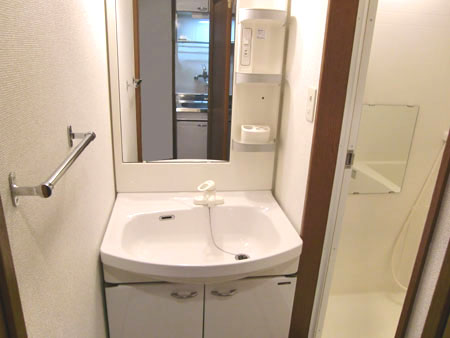 洗面設備　独立洗面台、小物を置くことができて便利です