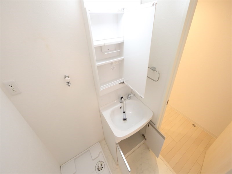 洗面設備　脱衣所　独立洗面台（シャンプードレッサー付）収納スペース有