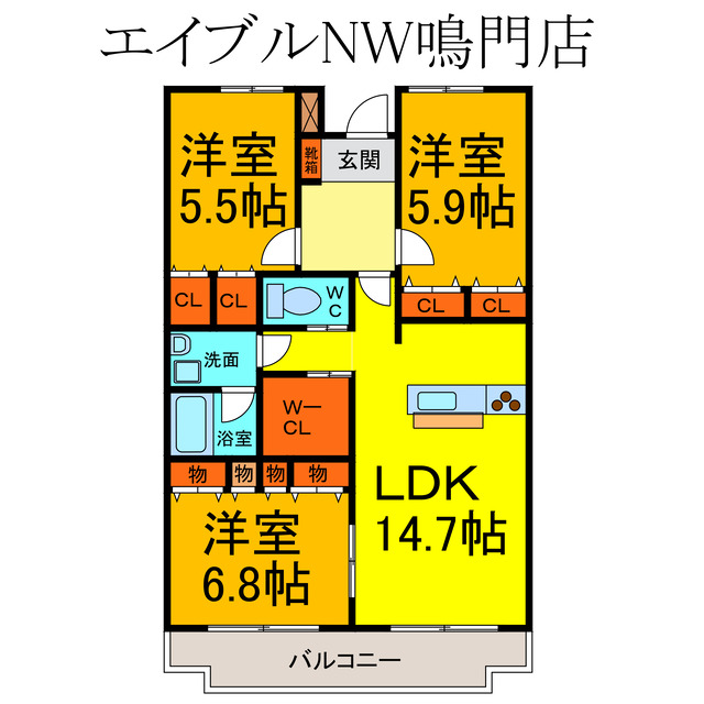 鳴門市撫養町北浜のマンションの間取り