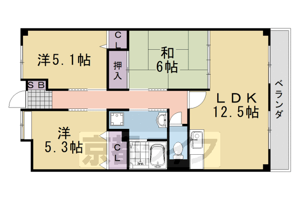 京都市西京区下津林東芝ノ宮町のマンションの間取り