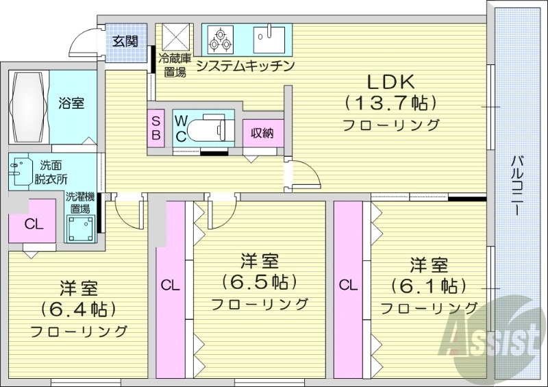 札幌市中央区南十五条西のマンションの間取り