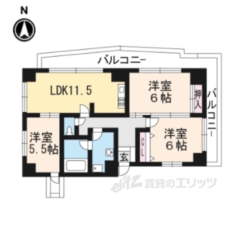 京都市左京区北白川東久保田町のマンションの間取り