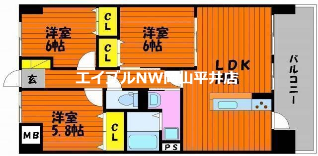 岡山市南区新保のマンションの間取り