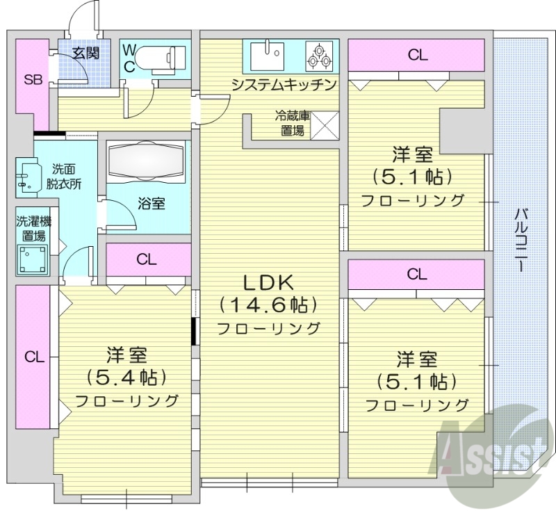 札幌市中央区南十九条西のマンションの間取り