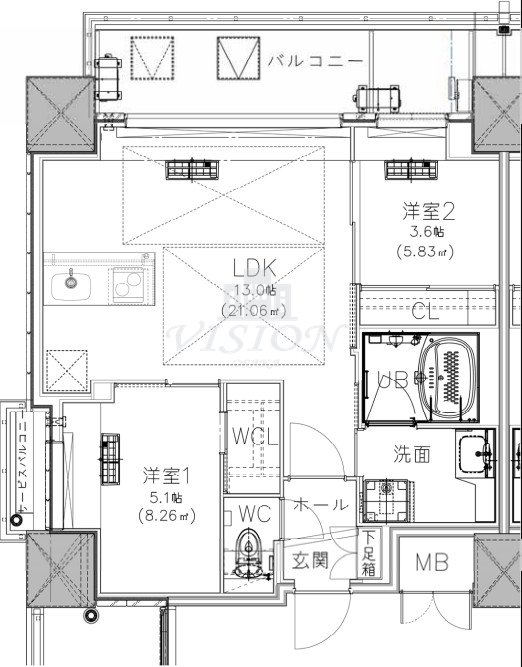 大阪市北区南森町のマンションの間取り