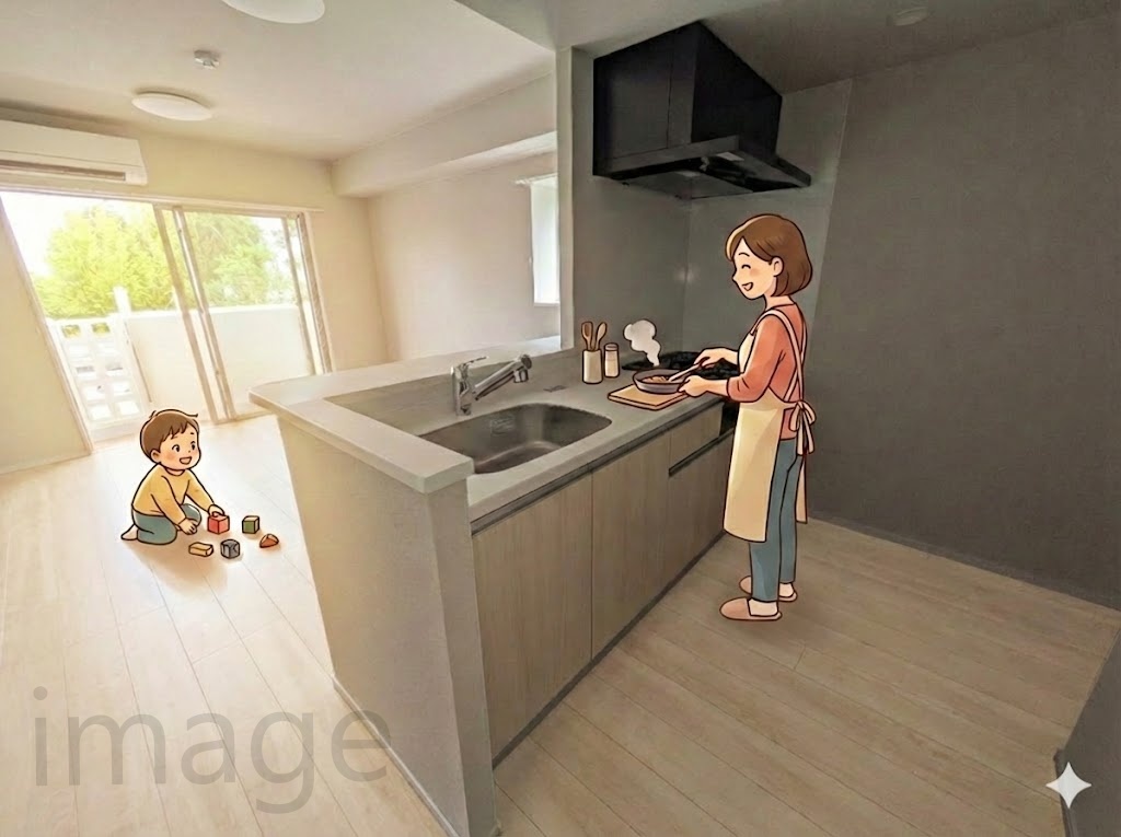 キッチン　テレビを見ながら、お子様を見守りながら、軽やかに料理を。