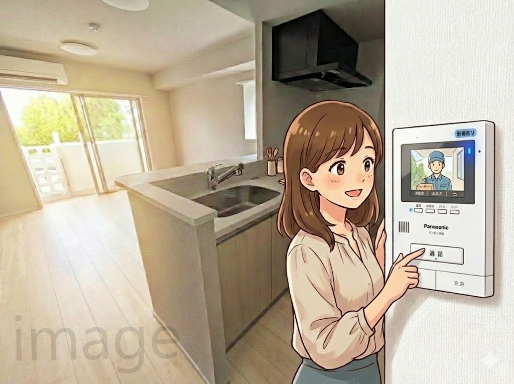 セキュリティ　訪問者の顔が確認できるモニター付インターホン。安心です！