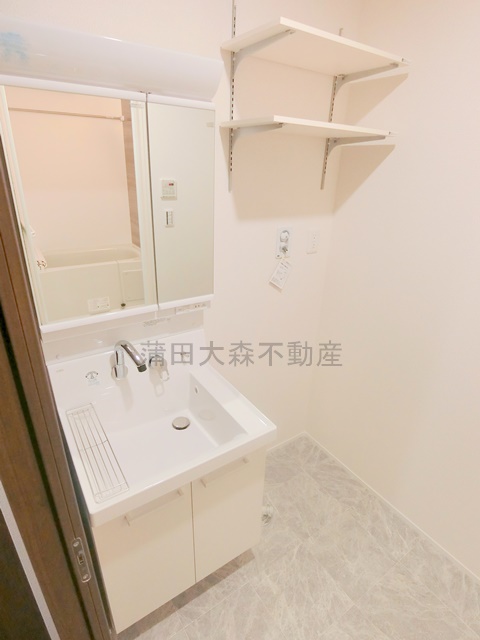 洗面設備　2面鏡の独立洗面台　洗濯機置き場　洗面脱衣所