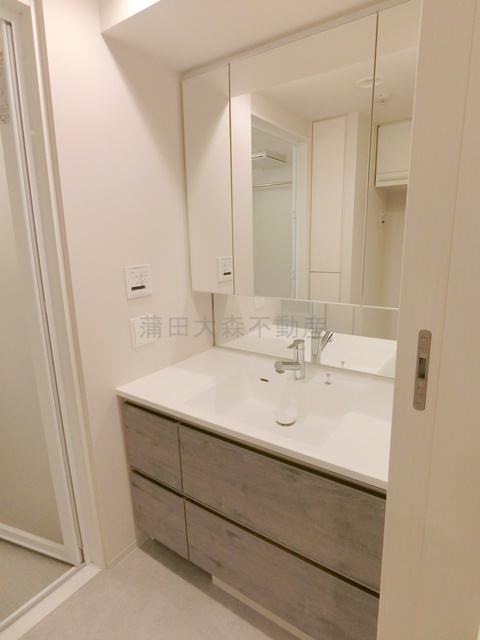 洗面設備　3面鏡の独立洗面台　洗面所　鏡の中収納スペース付き