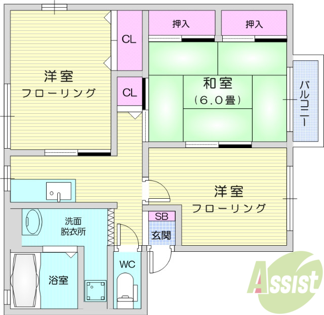 仙台市宮城野区岩切のアパートの間取り