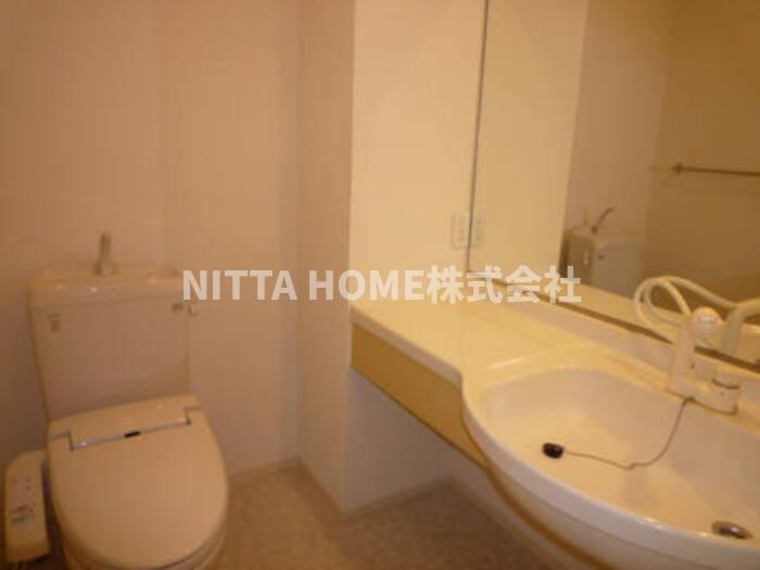 洗面設備　大きな鏡の洗髪洗面化粧台とトイレになります＊