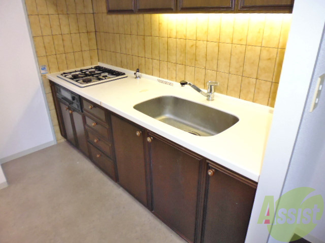 キッチン　この広いシンクにたくさんの収納。色目も渋いです