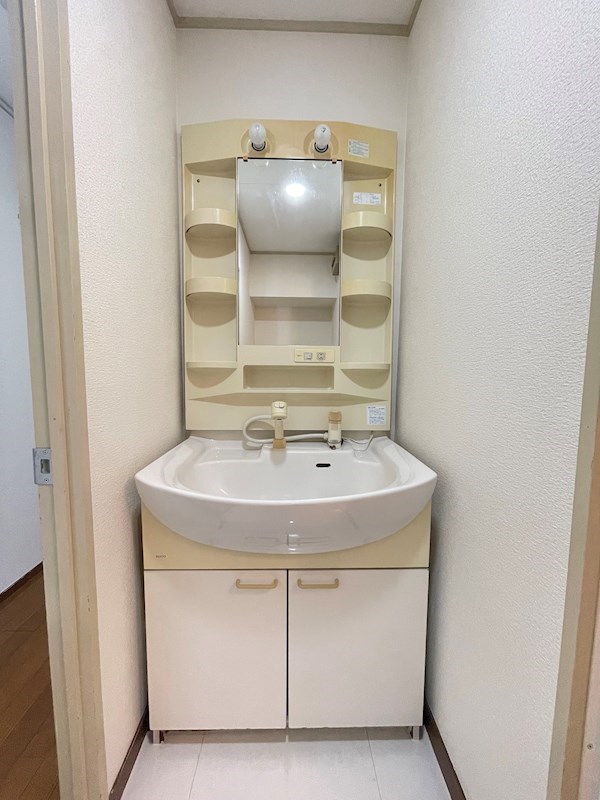 洗面設備　独立洗面台、小物を置くことができて便利です
