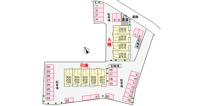 駐車場　空き：7、9、15、21 (縦) 、25、28