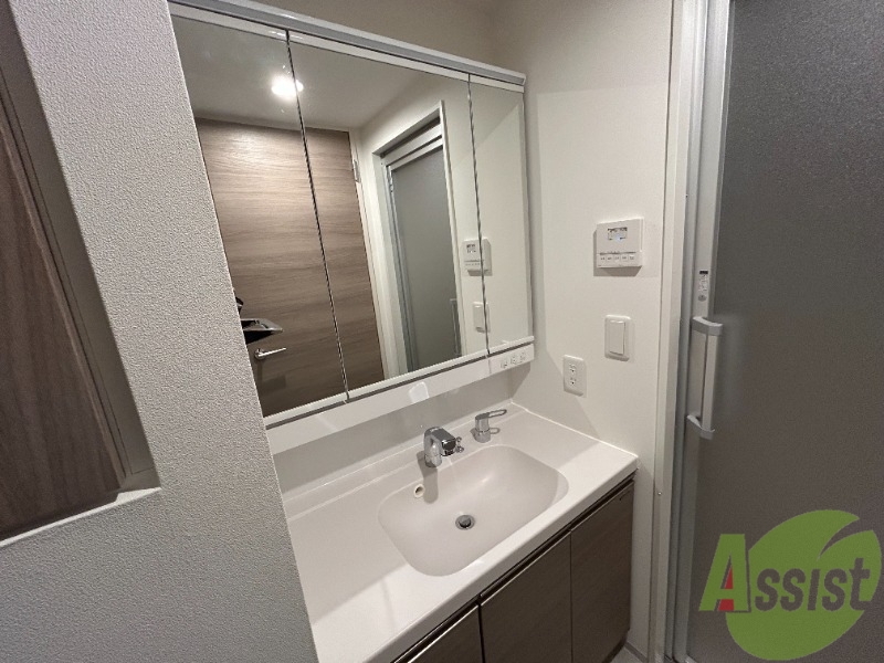 洗面設備　独立洗面台がございます。大きな鏡とたくさんの収納が特徴。