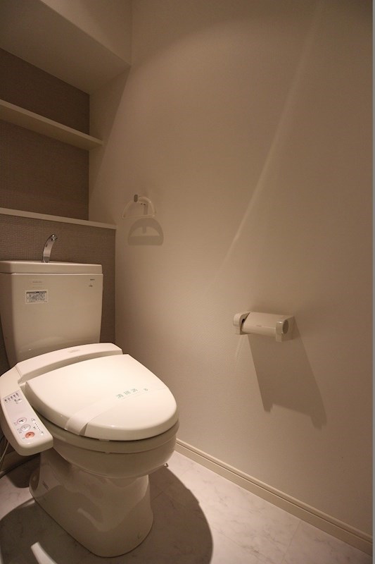 トイレ　ウォシュレット付便座。棚もあるのでスッキリ片付きます。