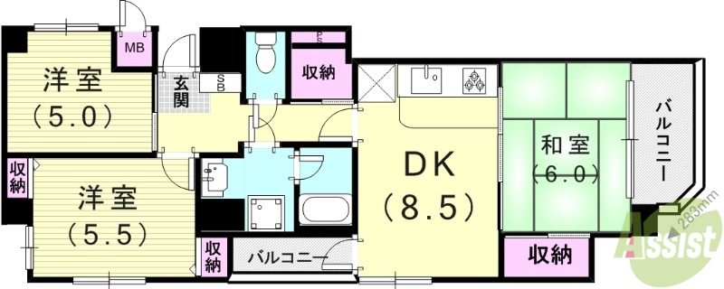 神戸市兵庫区下沢通のマンションの間取り