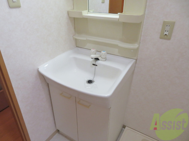 洗面設備　大きい鏡が嬉しく、ドライヤーなど置けますね