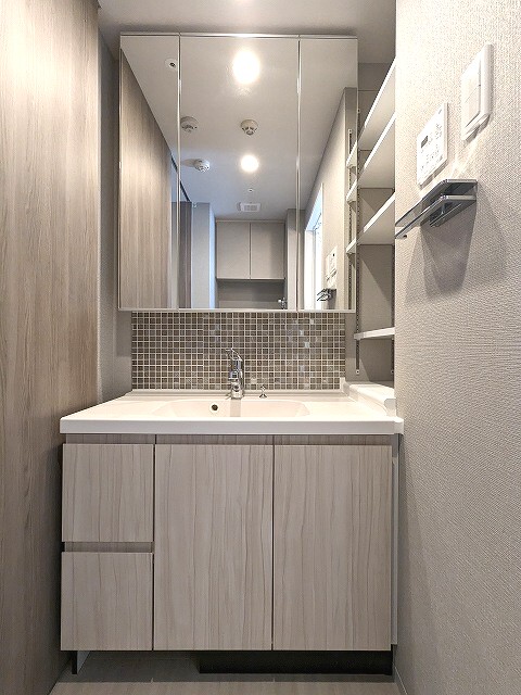 洗面設備　トイレと独立した洗面室、三面鏡付き、ハンドシャワー付き、左下