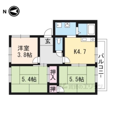 京都市山科区東野舞台町のアパートの間取り